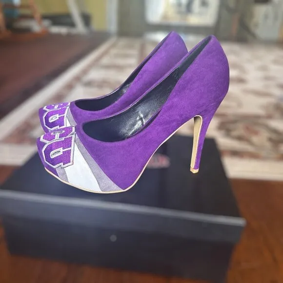 HERSTAR TCU Shoes Pumps Suede High Heel 5&quot; Purple White Gray Womens Size‎ 8
