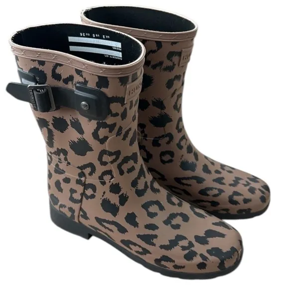 Hunter Brown Black Winter Rain Boots with Leopard Print Design Sz 5 waterproof