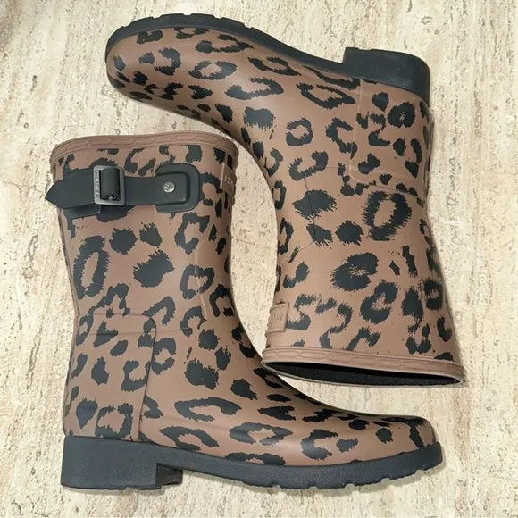 Hunter Brown Black Winter Rain Boots with Leopard Print Design Sz 5 waterproof