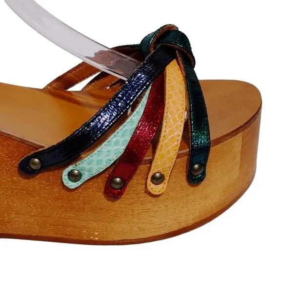 Isabel Marant Etoile Zia Wooden Wedge Sandals Multicolor Leather Womens Size 6