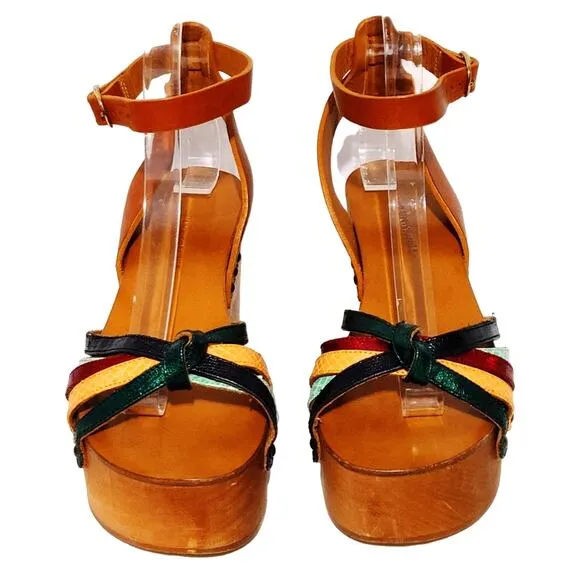 Isabel Marant Etoile Zia Wooden Wedge Sandals Multicolor Leather Womens Size 6