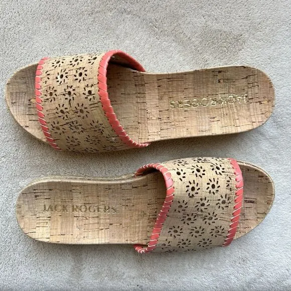 Jack Rogers Laser Cut Cork Espadrille Slide Sandals Women 7.5 M Summer Casual