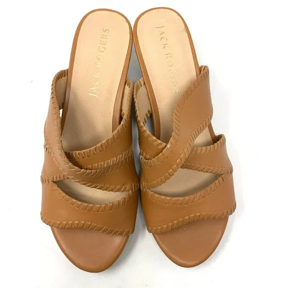 Jack Rogers Women's Size 10 Open Toe Jackie Wedge Heeled Sandal Brown Leather