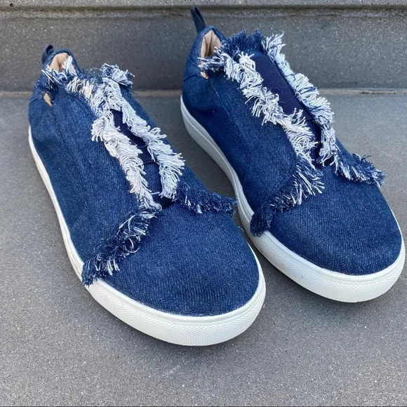 Jaggar denim sneakers Blue jean Frayed Slip On shoes white loafers chunky sole