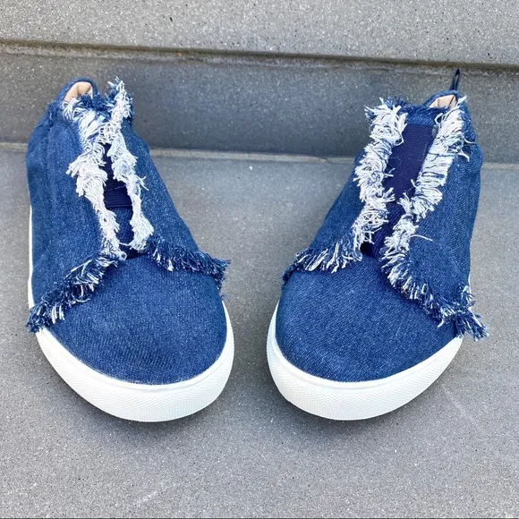 Jaggar denim sneakers Blue jean Frayed Slip On shoes white loafers chunky sole