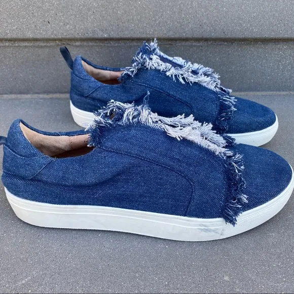 Jaggar denim sneakers Blue jean Frayed Slip On shoes white loafers chunky sole