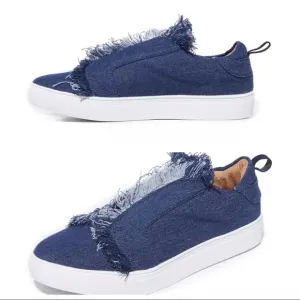 Jaggar denim sneakers Blue jean Frayed Slip On shoes white loafers chunky sole