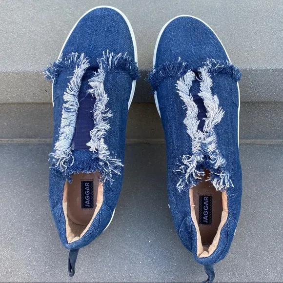 Jaggar denim sneakers Blue jean Frayed Slip On shoes white loafers chunky sole
