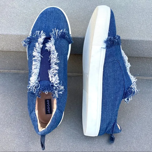 Jaggar denim sneakers Blue jean Frayed Slip On shoes white loafers chunky sole