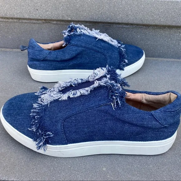 Jaggar denim sneakers Blue jean Frayed Slip On shoes white loafers chunky sole