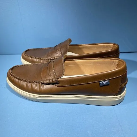 J.crew Mens Loafers Shoes Brown  Leather White Sole Slip-On Moc Toe Comfort 11