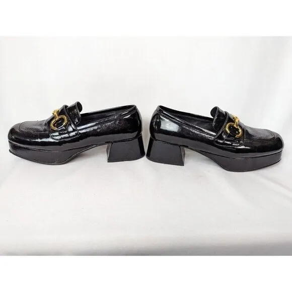 Jeffrey Campbell 7 Student Black Patent Leather Heel Shoes Loafer Bit Grunge