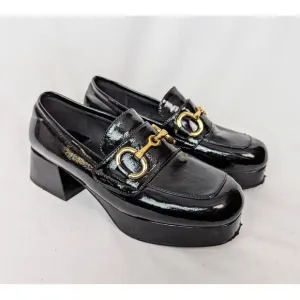 Jeffrey Campbell 7 Student Black Patent Leather Heel Shoes Loafer Bit Grunge