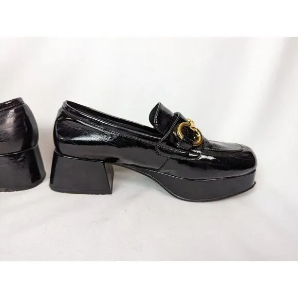 Jeffrey Campbell 7 Student Black Patent Leather Heel Shoes Loafer Bit Grunge