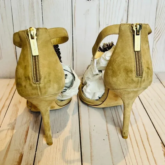 Jimmy Choo Feline Beaded T-Strap Suede &amp; Mesh Heels Wedding Shoes W7.5 EU37.5