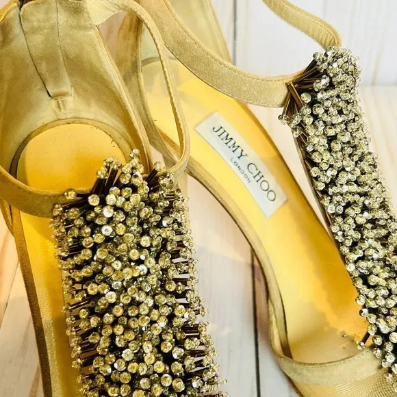 Jimmy Choo Feline Beaded T-Strap Suede &amp; Mesh Heels Wedding Shoes W7.5 EU37.5