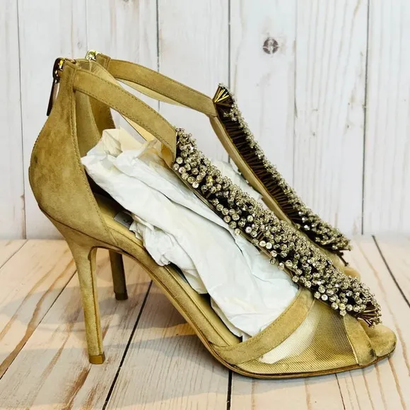 Jimmy Choo Feline Beaded T-Strap Suede &amp; Mesh Heels Wedding Shoes W7.5 EU37.5