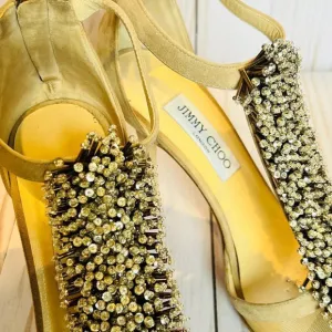 Jimmy Choo Feline Beaded T-Strap Suede &amp; Mesh Heels Wedding Shoes W7.5 EU37.5