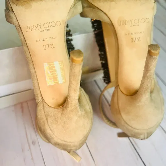 Jimmy Choo Feline Beaded T-Strap Suede &amp; Mesh Heels Wedding Shoes W7.5 EU37.5
