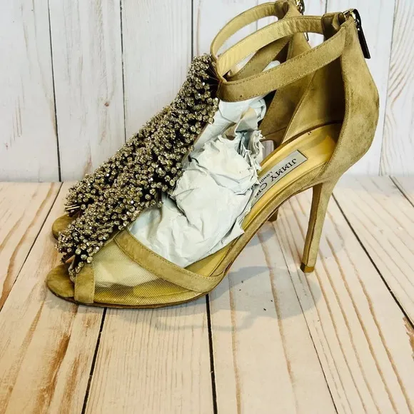 Jimmy Choo Feline Beaded T-Strap Suede &amp; Mesh Heels Wedding Shoes W7.5 EU37.5