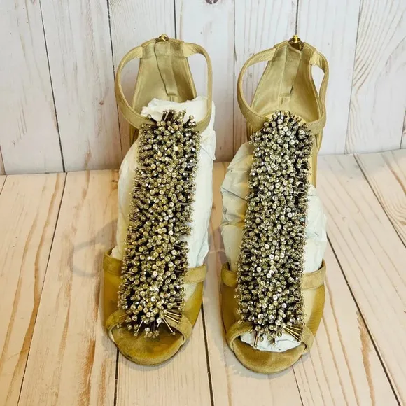 Jimmy Choo Feline Beaded T-Strap Suede &amp; Mesh Heels Wedding Shoes W7.5 EU37.5