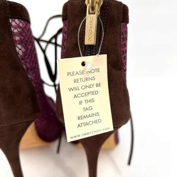 JIMMY CHOO Shoes Women 40 Purple Glitter Mesh Leather Lace Up Peep Toe Heels NEW