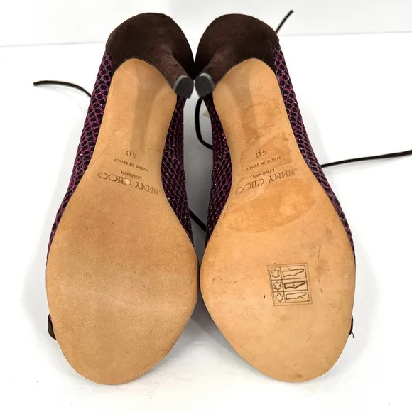 JIMMY CHOO Shoes Women 40 Purple Glitter Mesh Leather Lace Up Peep Toe Heels NEW