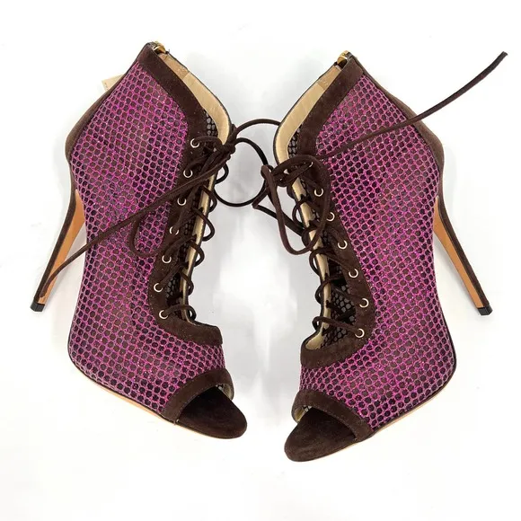 JIMMY CHOO Shoes Women 40 Purple Glitter Mesh Leather Lace Up Peep Toe Heels NEW