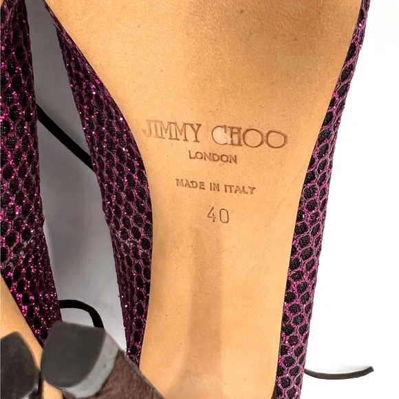 JIMMY CHOO Shoes Women 40 Purple Glitter Mesh Leather Lace Up Peep Toe Heels NEW