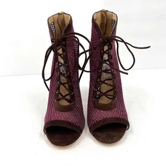 JIMMY CHOO Shoes Women 40 Purple Glitter Mesh Leather Lace Up Peep Toe Heels NEW