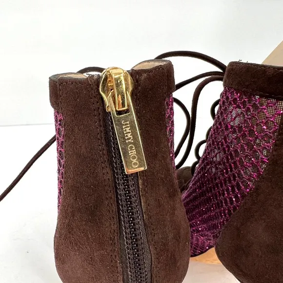 JIMMY CHOO Shoes Women 40 Purple Glitter Mesh Leather Lace Up Peep Toe Heels NEW
