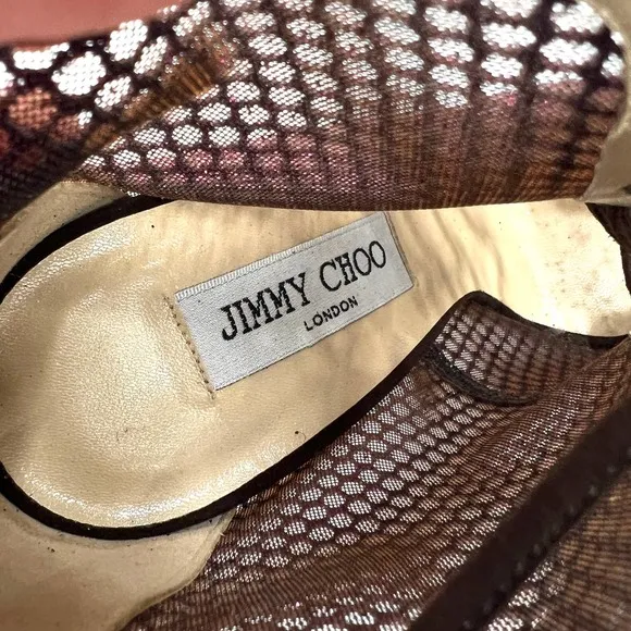 JIMMY CHOO Shoes Women 40 Purple Glitter Mesh Leather Lace Up Peep Toe Heels NEW