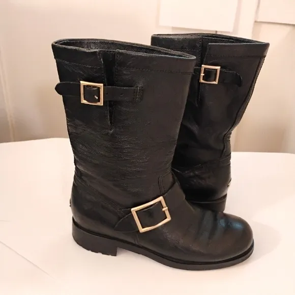 Jimmy ChooJimmy Choo Black Leather Biker Ankle Boots Size 37