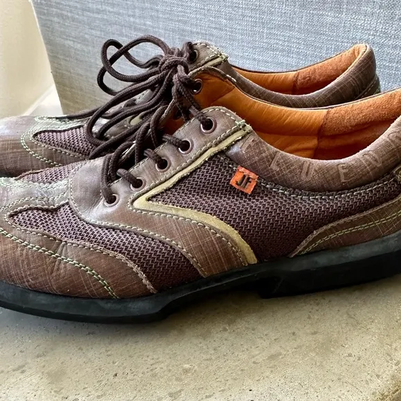 John Fluevog Future Angel Andrew Shoes in Chestnut Leather and Mesh with Olive