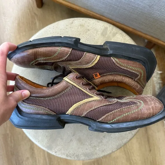 John Fluevog Future Angel Andrew Shoes in Chestnut Leather and Mesh with Olive