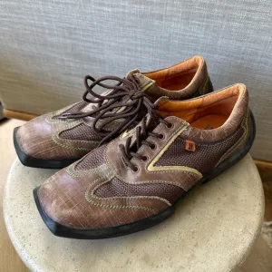 John Fluevog Future Angel Andrew Shoes in Chestnut Leather and Mesh with Olive