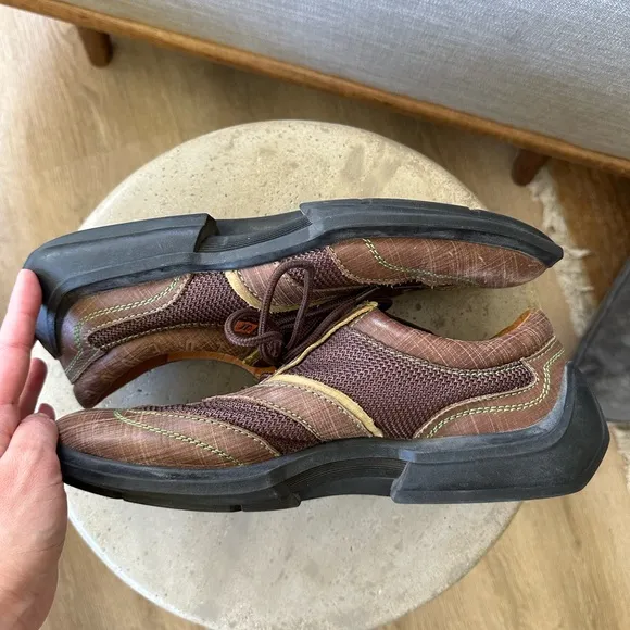 John Fluevog Future Angel Andrew Shoes in Chestnut Leather and Mesh with Olive