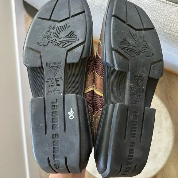 John Fluevog Future Angel Andrew Shoes in Chestnut Leather and Mesh with Olive
