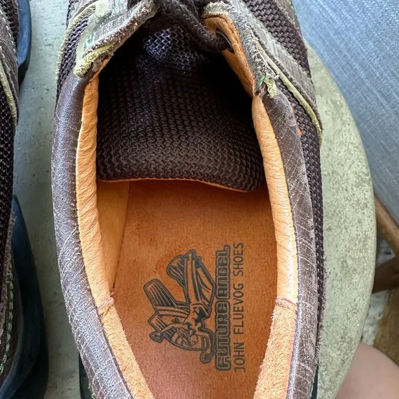 John Fluevog Future Angel Andrew Shoes in Chestnut Leather and Mesh with Olive