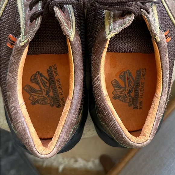 John Fluevog Future Angel Andrew Shoes in Chestnut Leather and Mesh with Olive