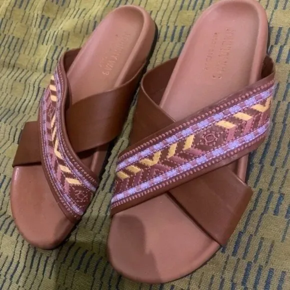 Johnny Was Alessi Leather Embroidered Crisscross Strap Slip On Sandals Brown 8