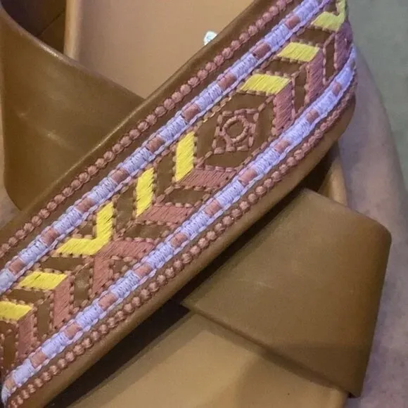 Johnny Was Alessi Leather Embroidered Crisscross Strap Slip On Sandals Brown 8
