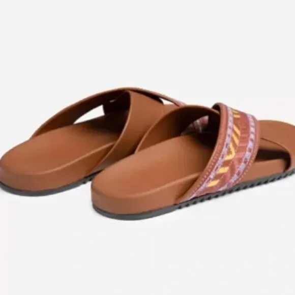 Johnny Was Alessi Leather Embroidered Crisscross Strap Slip On Sandals Brown 8