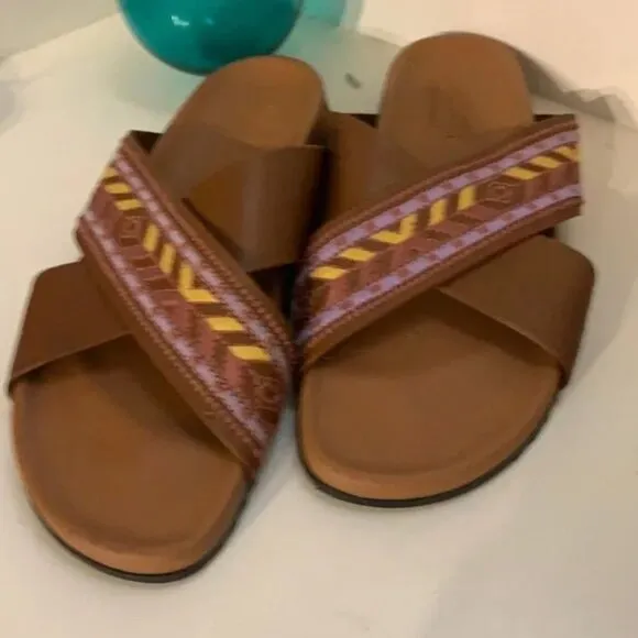 Johnny Was Alessi Leather Embroidered Crisscross Strap Slip On Sandals Brown 8