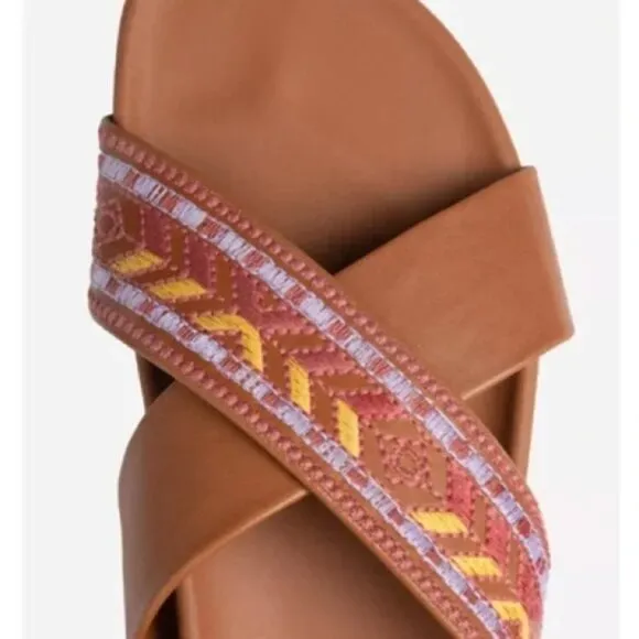 Johnny Was Alessi Leather Embroidered Crisscross Strap Slip On Sandals Brown 8