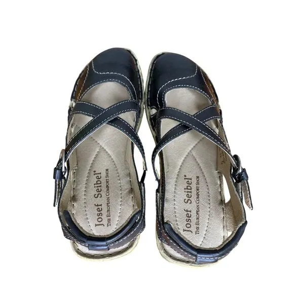 Josef Seibel Womens Black Leather Sandals Size 37/6 Cushioned Insole