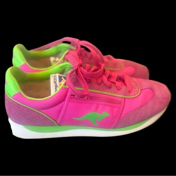 KangaROOS vintage bright pink &amp; neon green,  side pocket athletic shoes. Size 8