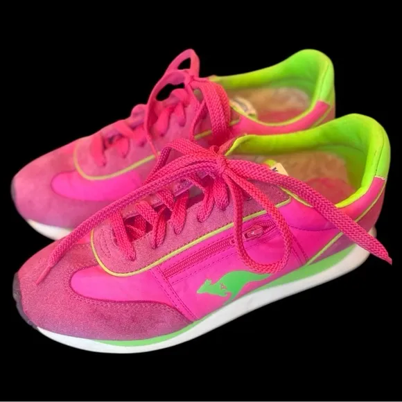 KangaROOS vintage bright pink &amp; neon green,  side pocket athletic shoes. Size 8