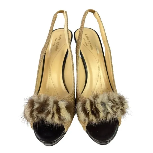Kate Spade Galore Mink Bow Tweed Slingback Heels Womens Size 8.5‎
