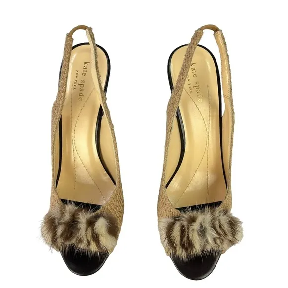 Kate Spade Galore Mink Bow Tweed Slingback Heels Womens Size 8.5‎